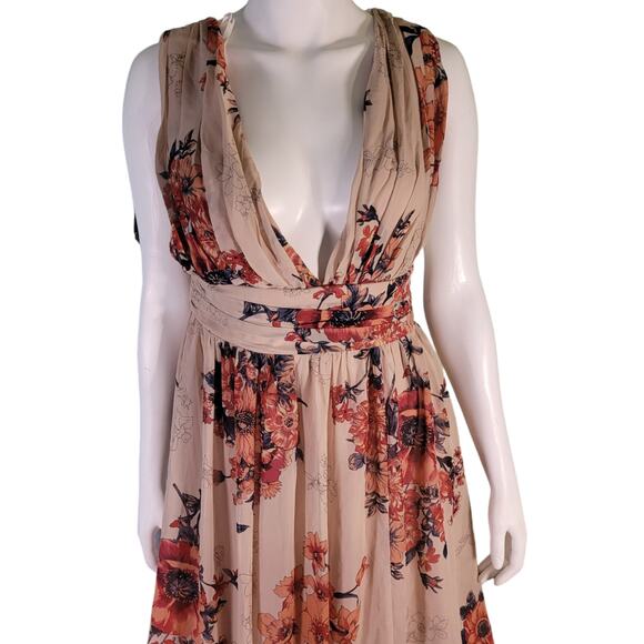 FILLY FLAIR Soieblue blush floral low-cut v-neck  flowy sheer long maxi dress l - Picture 2 of 9
